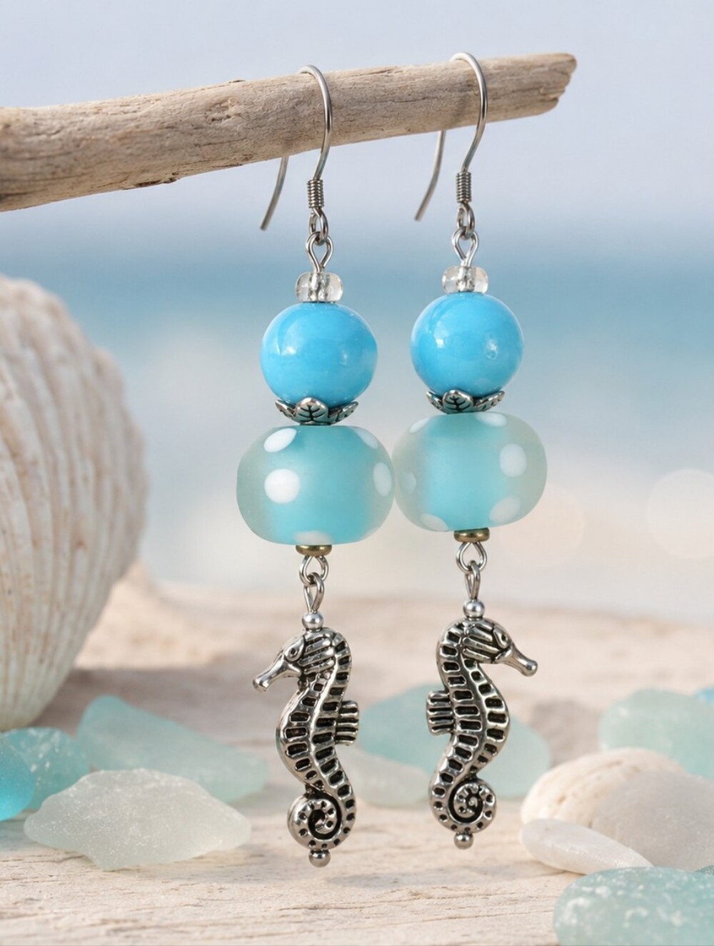 Silver Seahorse Earrings Seaglass Coastal Treasures Artisan Jewelry Handcrafted
